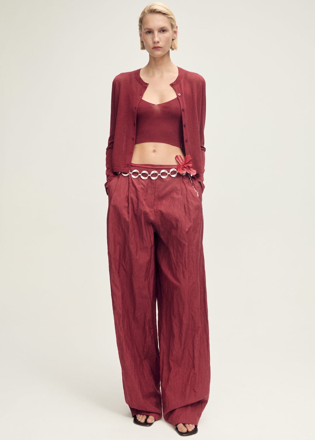 Fine-knit crop top burgundy - Woman - M - MANGO