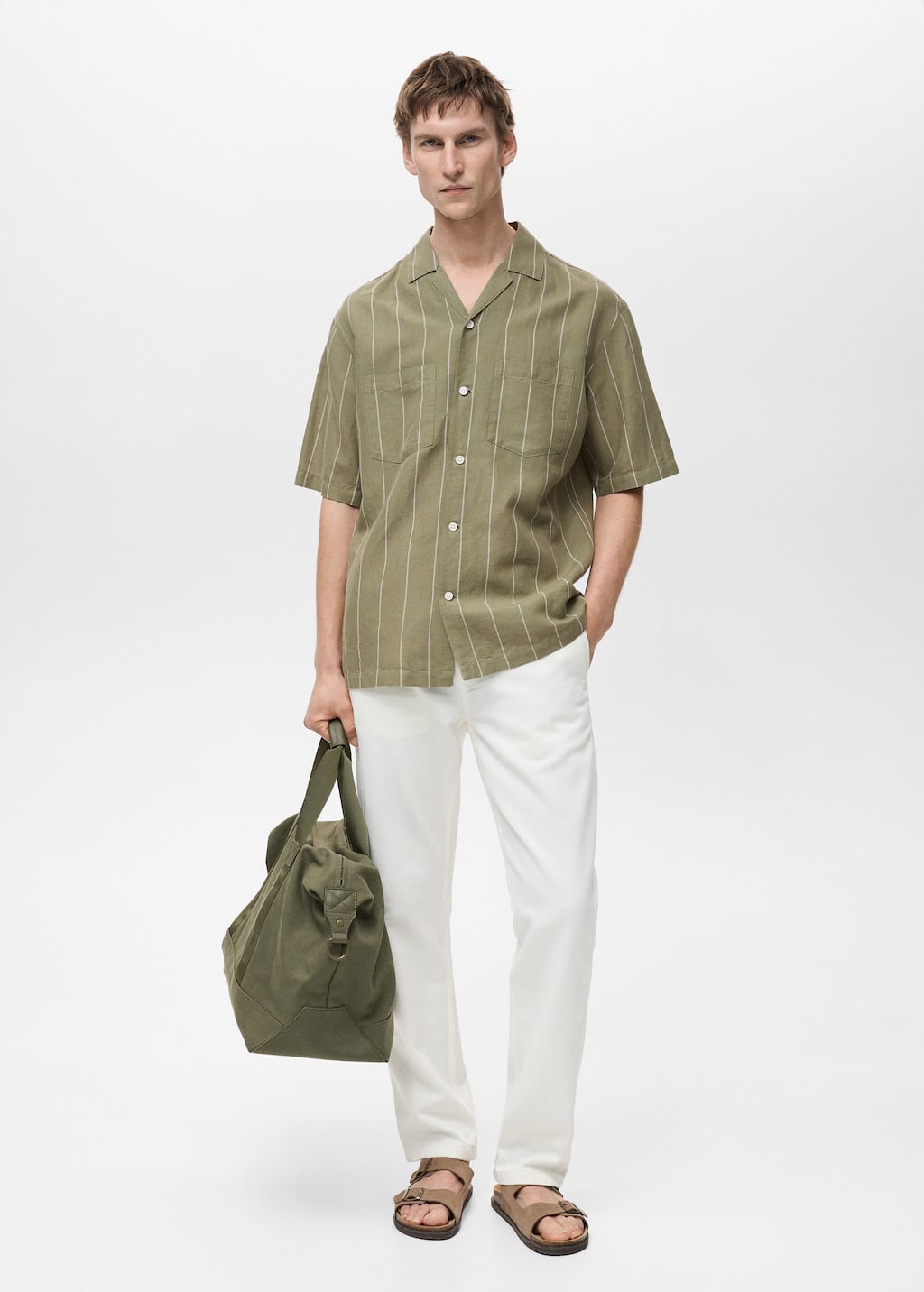 Mango Man Linen Bowling Shirt With Pinstripes Green In Green