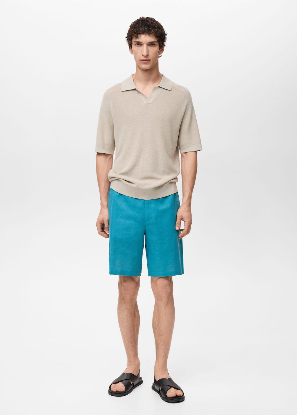Mango Man Linen Bermuda Shorts With Drawstring Turquoise In Turquoise