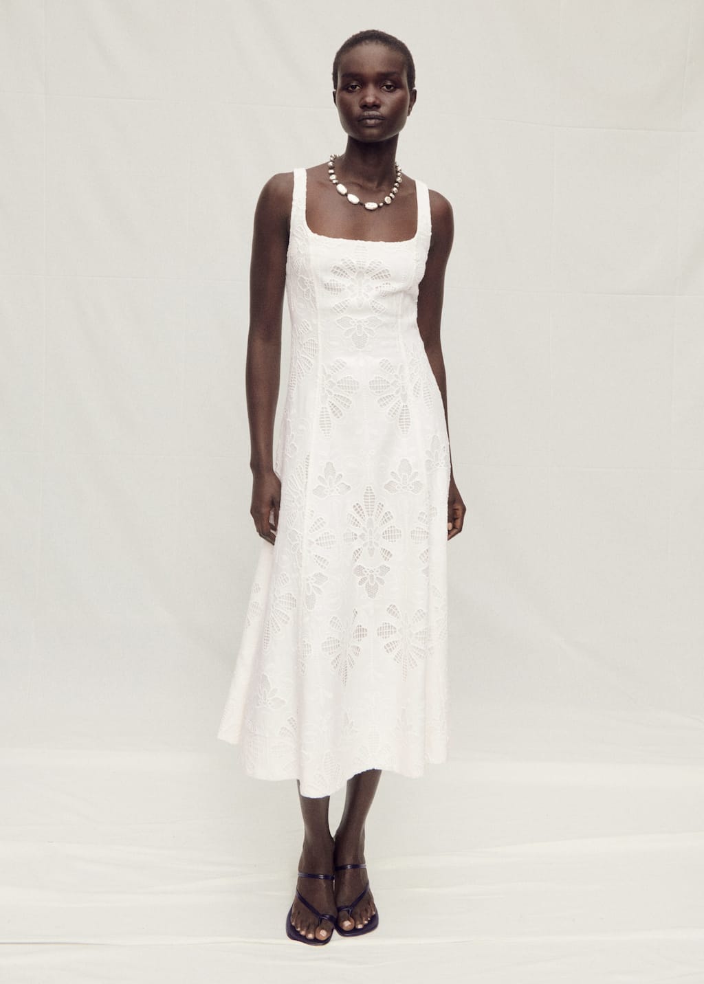 Mango Floral Embroidered Linen Flared Dress Off White In Blanc Cassé