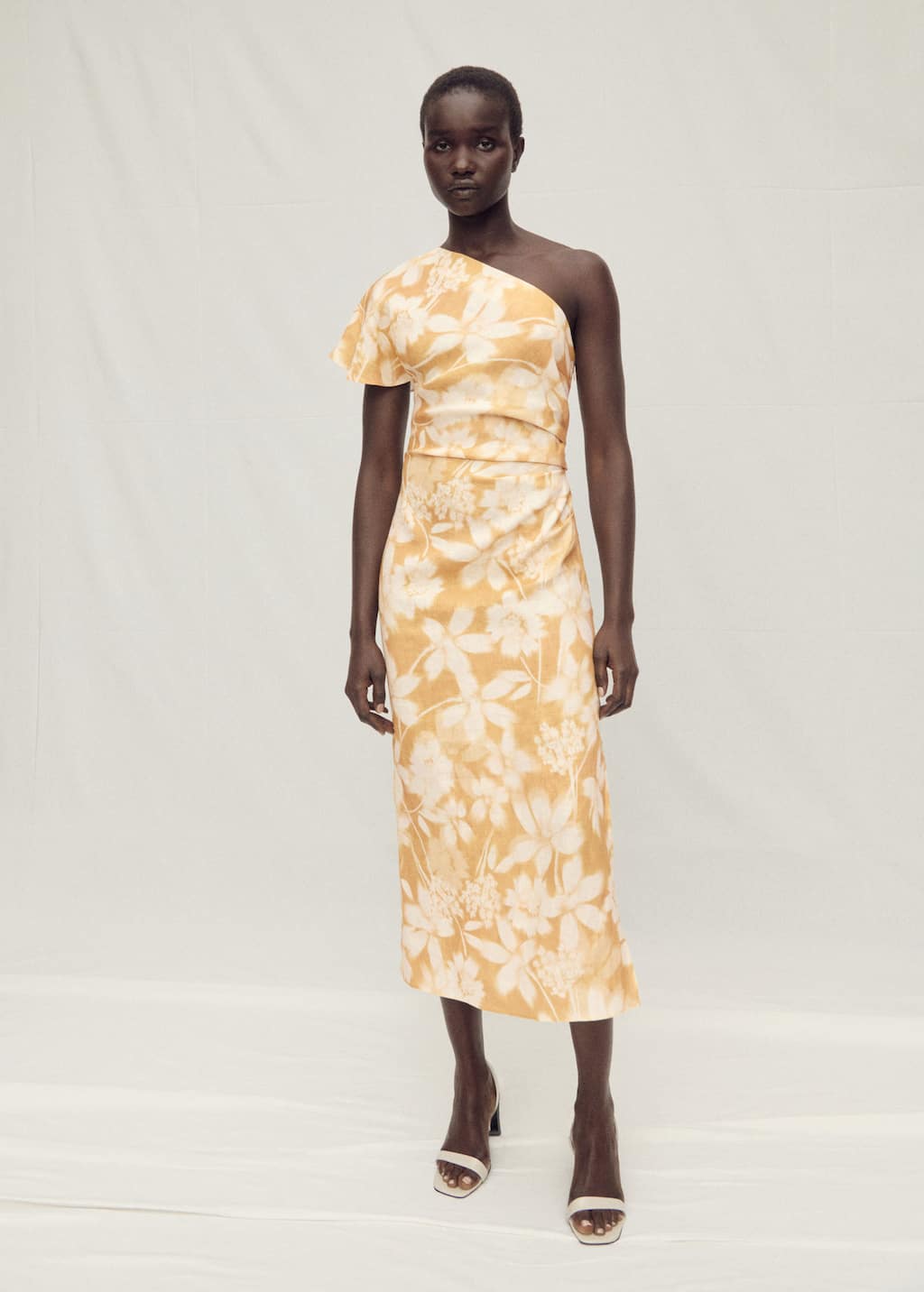 Mango Linen Floral-print Dress Mustard In Moutarde