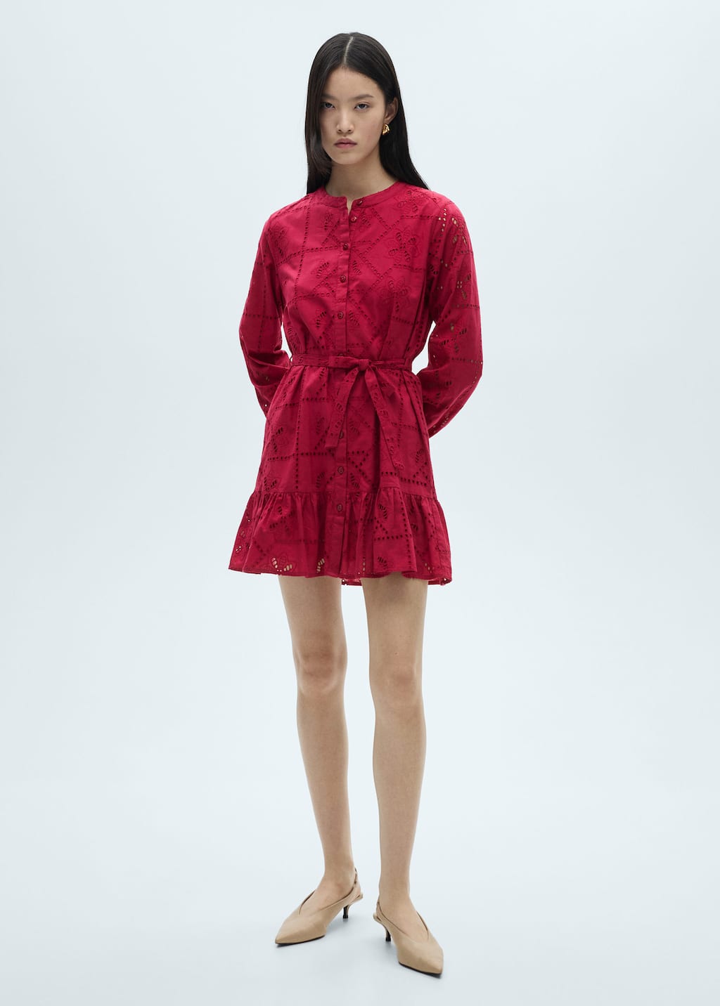 Ruffled dress with embroidered openwork