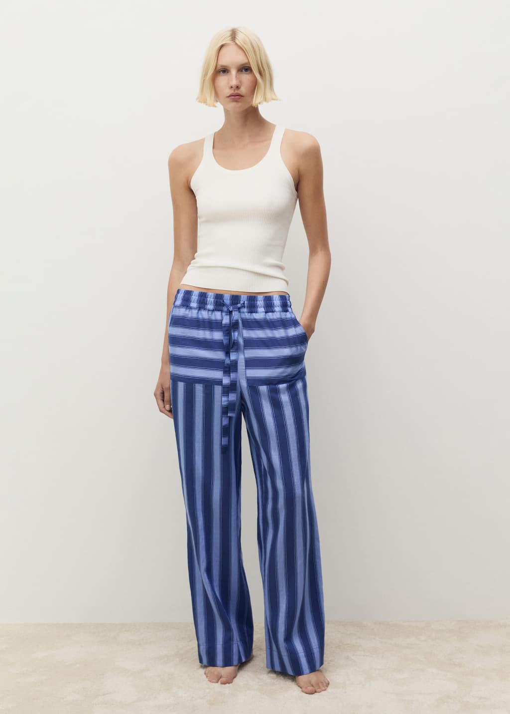 Mango Two-tone Lyocell Stripe Woven Trousers Blue In Blue