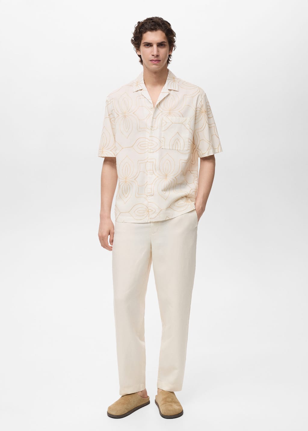 Mango Man Shirt With Embroidered Bowling Collar White In White