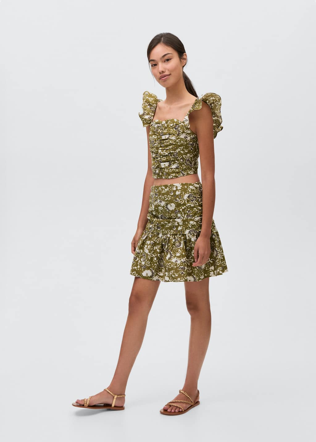 Mango Teen Draped Printed Skirt Olive Green In Olive Green