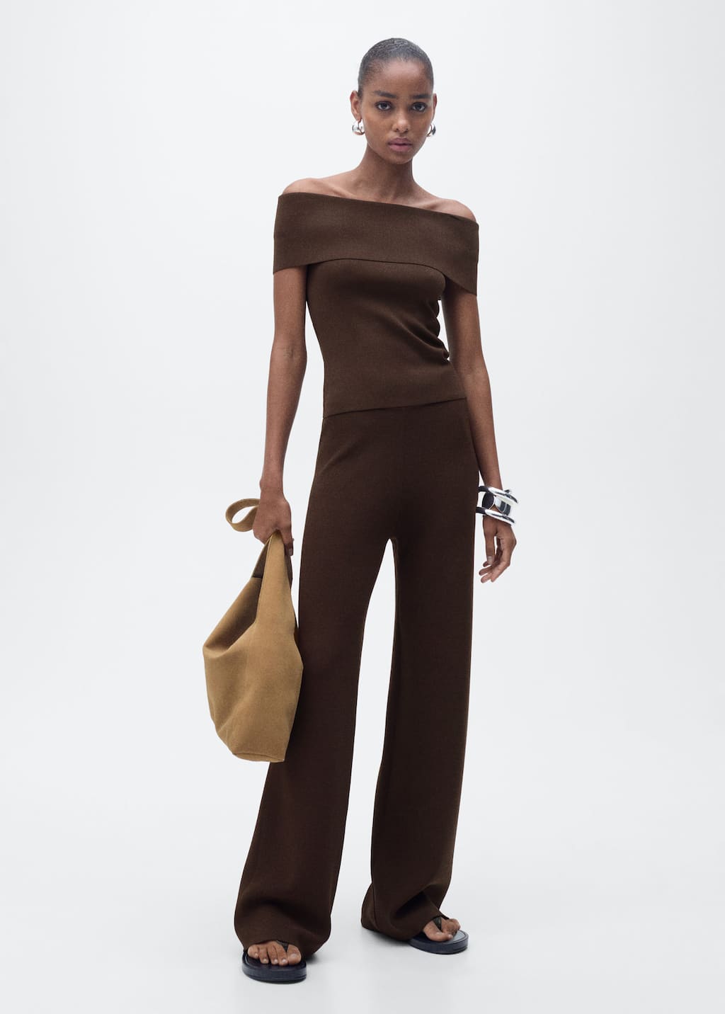 Mango Pantalon Droit Maille Chocolat - Femme - L - In Chocolat