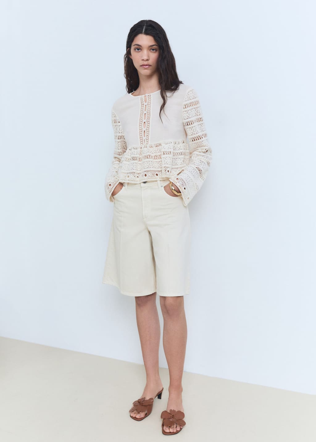 Mango Embroidered Cotton Blouse With Openwork Details In Blanc Cassé