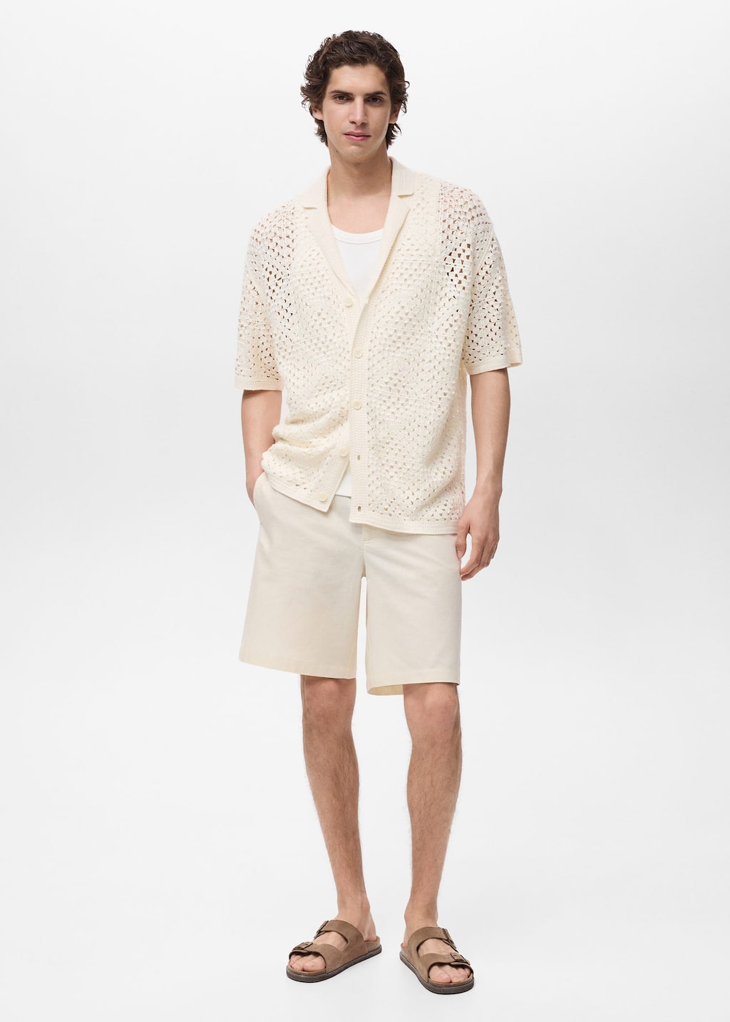 MANGO MAN BOWLING SHIRT WITH CROCHET STRUCTURE IVORY WHITE