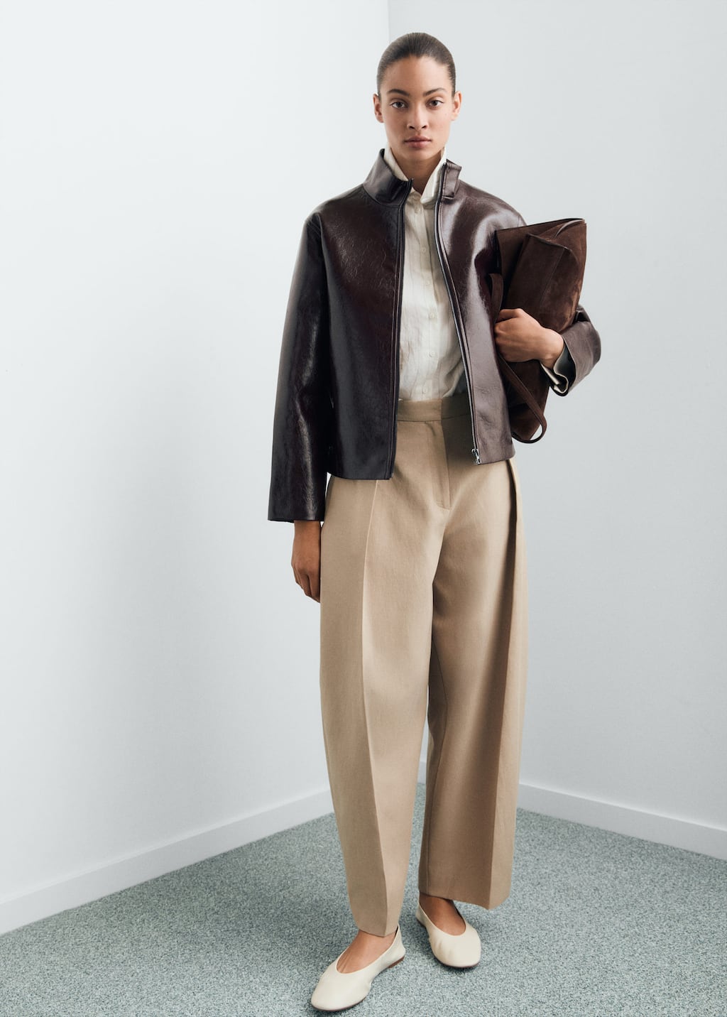 Mango Perkins Collar Texture Jacket Brown