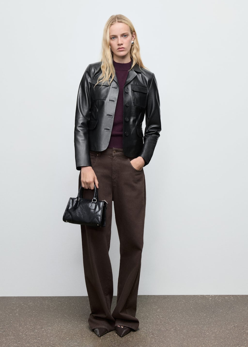 Mango Leather Blazer With Pockets Black In Black