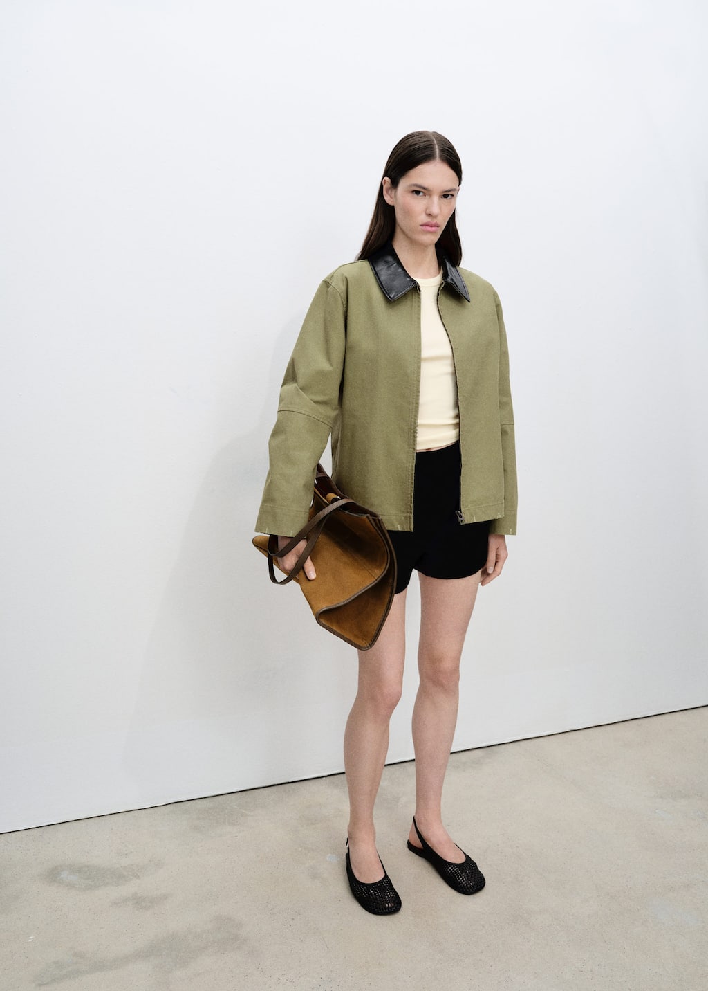 Mango Contrast Collar Cotton Jacket Khaki In Khaki