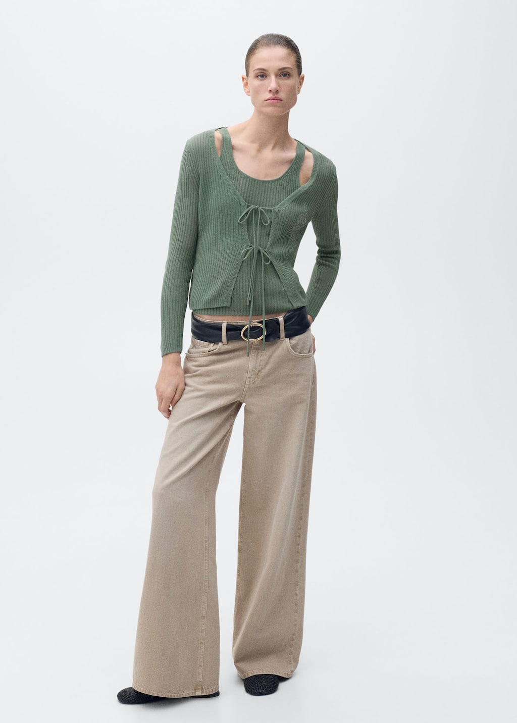 Rib-knit cardigan with bows green - Woman - S - MANGO