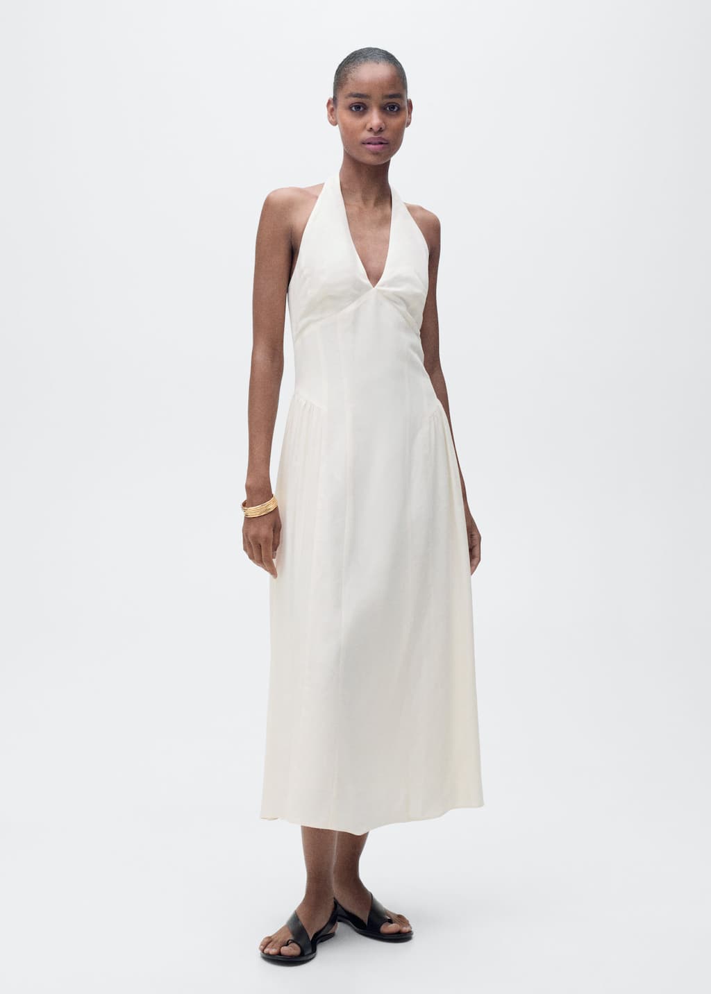 Halter-neck linen dress off white - Woman - 14 - MANGO