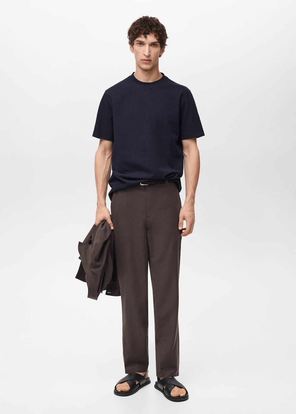 Cotton seersucker t-shirt dark navy - Man - XS - MANGO MAN