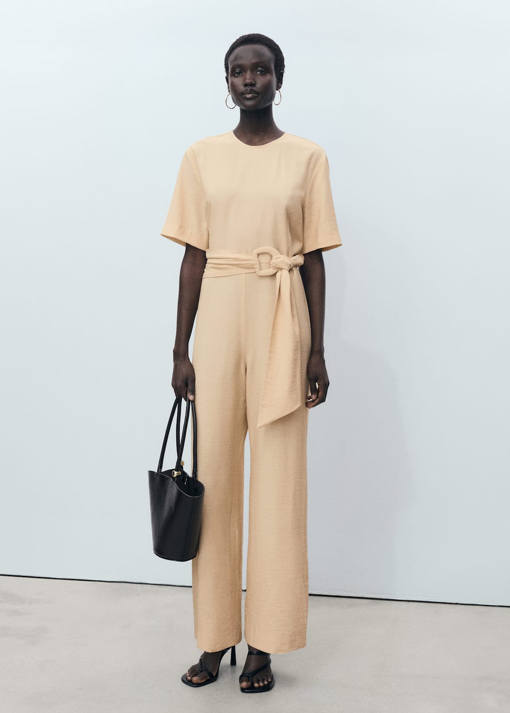 Mango Straight-fit Short-sleeved Jumpsuit With Belt Ecru In Ecru