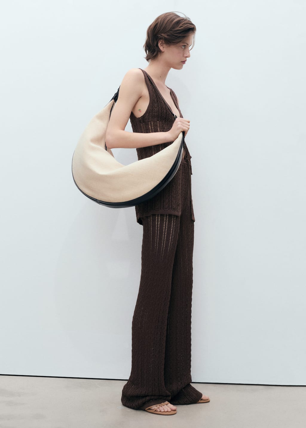 Straight-fit openwork knitted trousers chocolate - Woman - L - MANGO