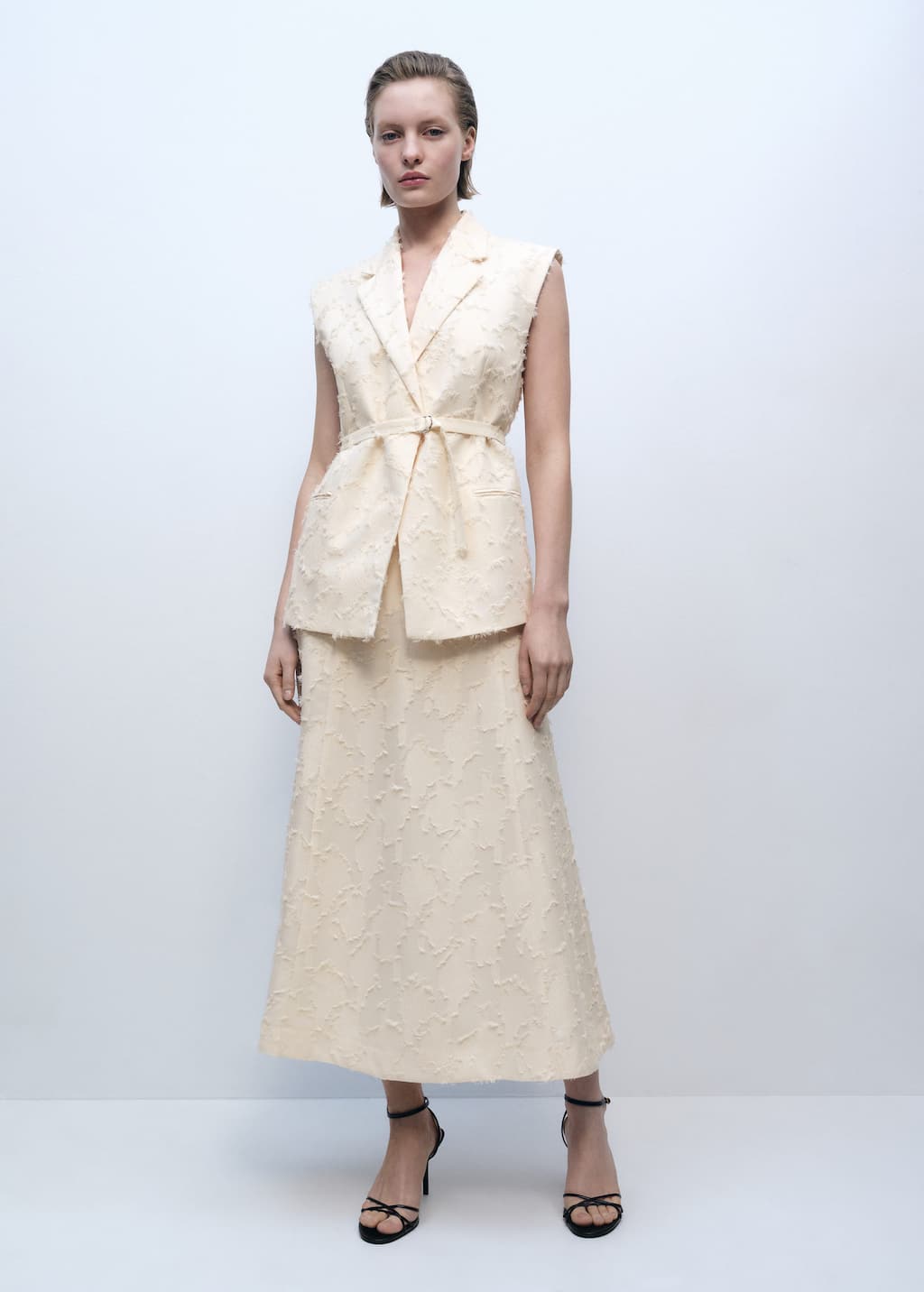Mango Textured Waistcoat With Belt Off White In Off White