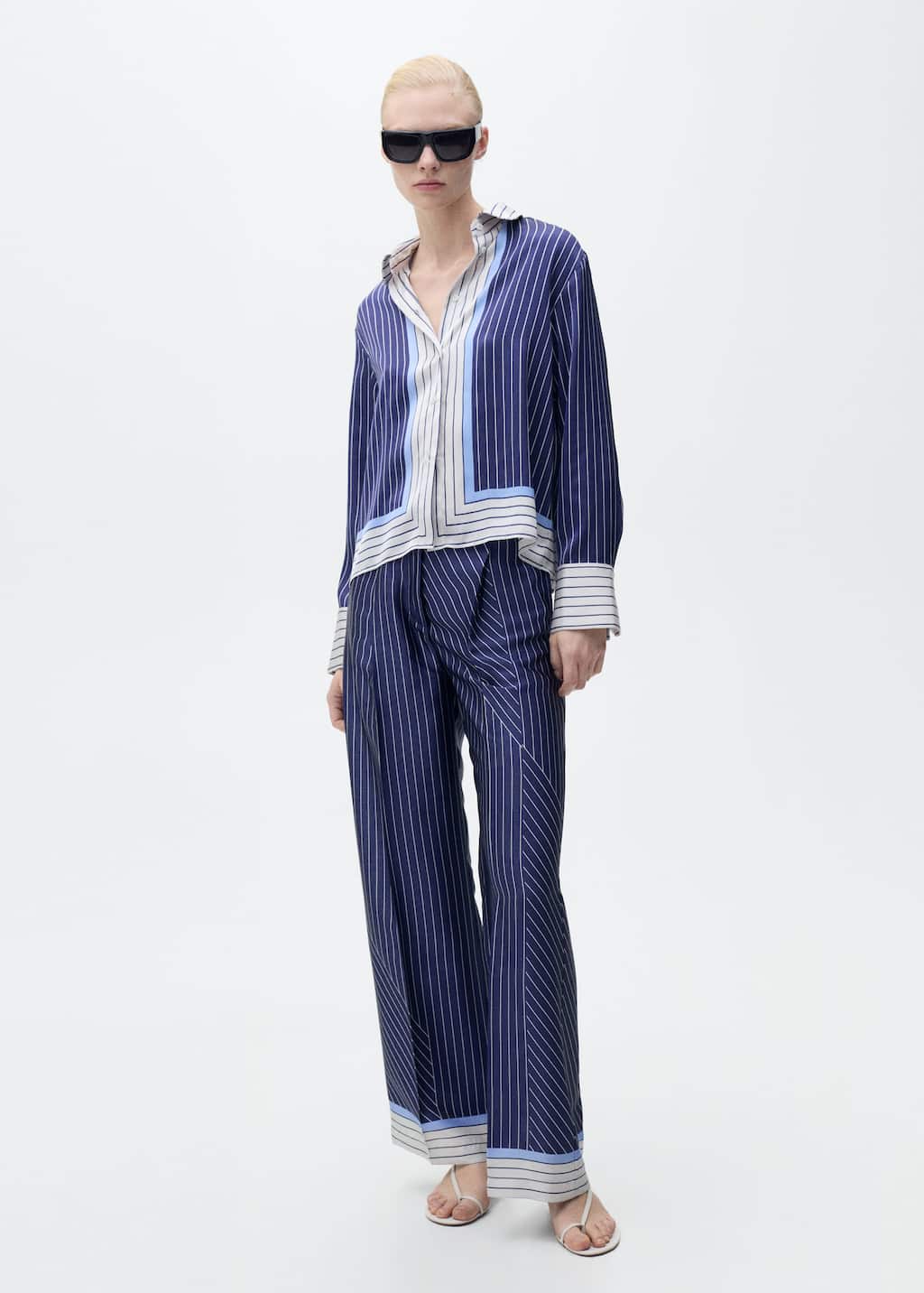 Shop Mango Satin Trousers With Combined Stripes Blue