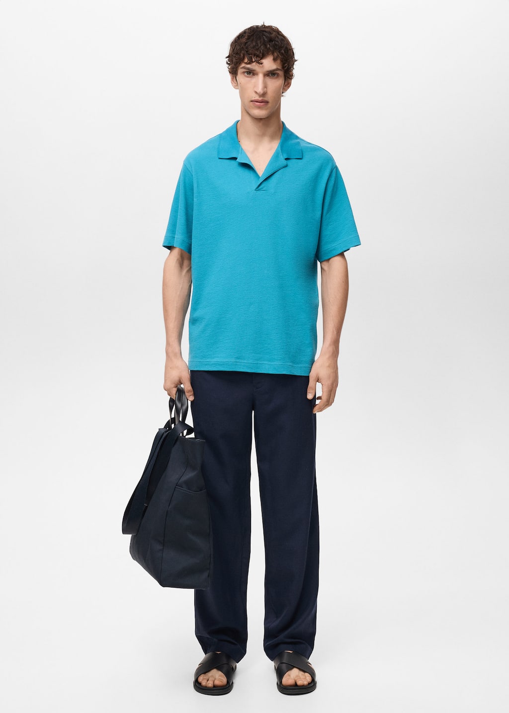 Mango Man Textured Cotton Polo Relaxed Fit Turquoise In Turquoise