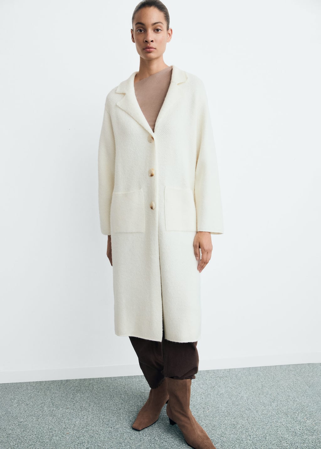 Mango Knitted Long Coat In Neutral