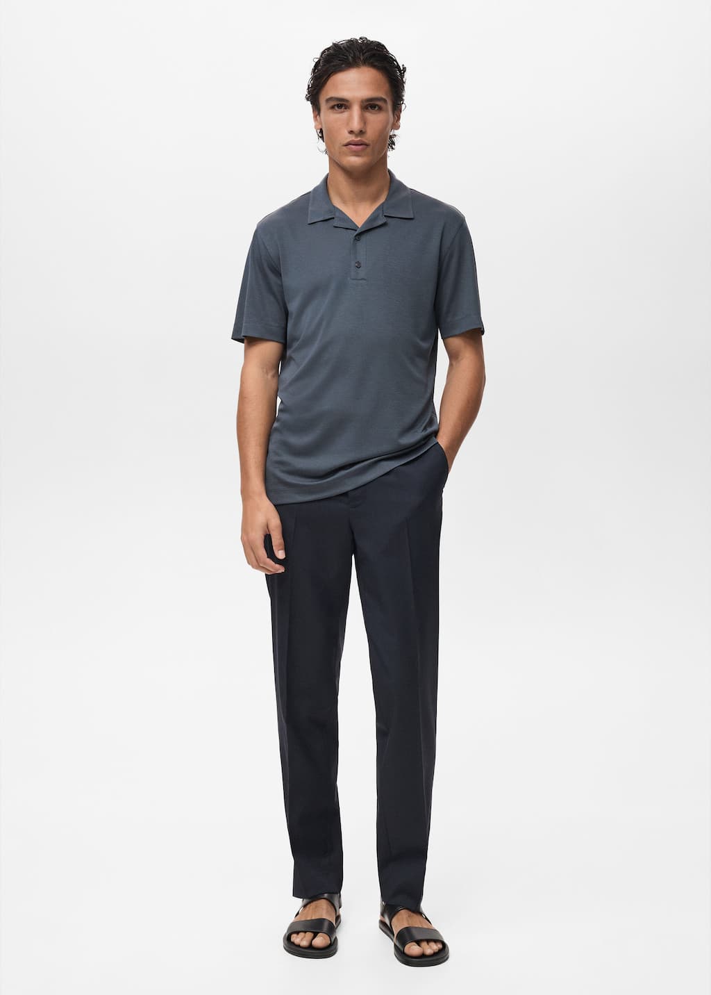 Mango Man Lyocell Polo Shirt With Bowling Collar In Bleu Pétrole