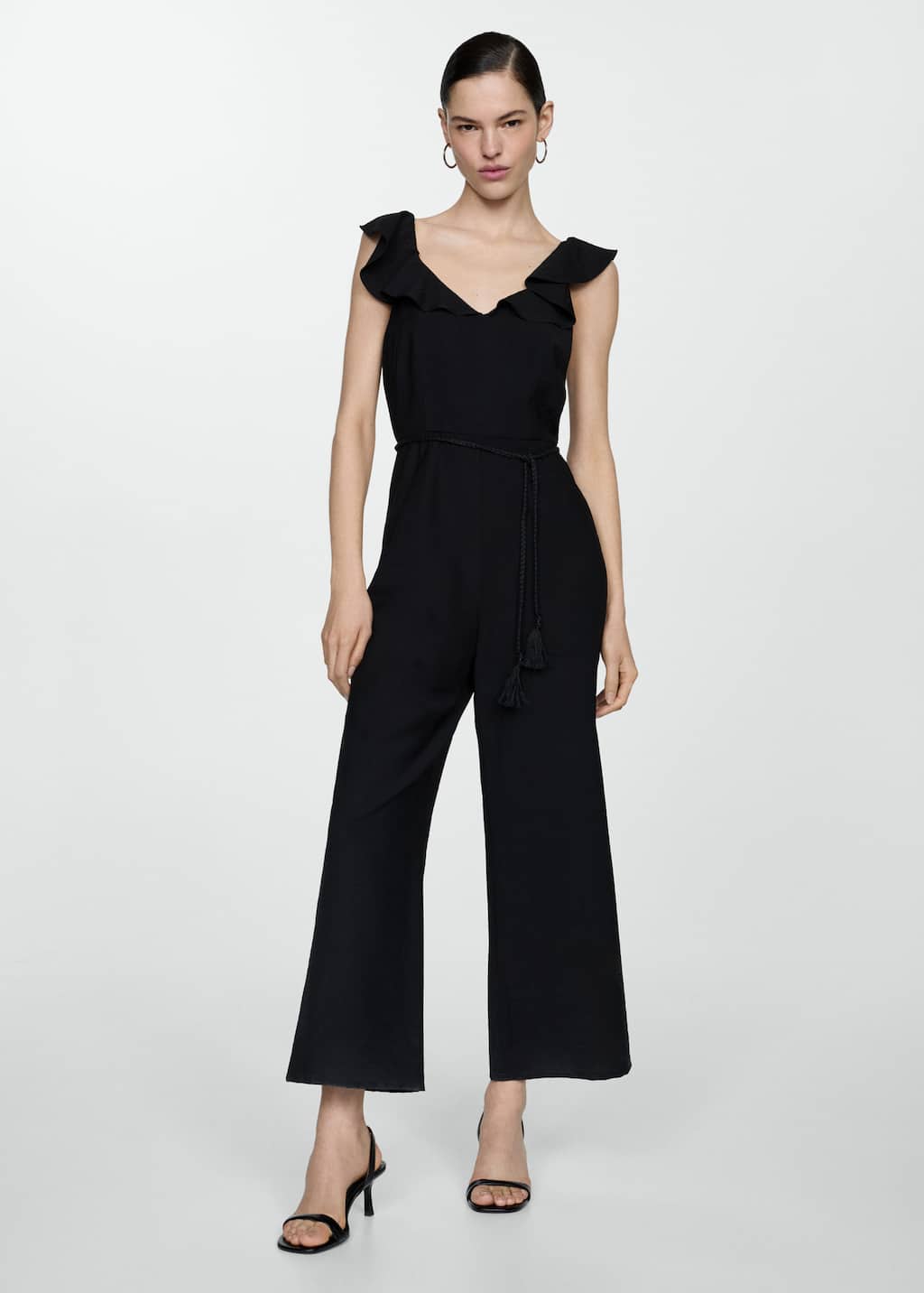 Mango Long Jumpsuit With Tassel Belt Black In Black