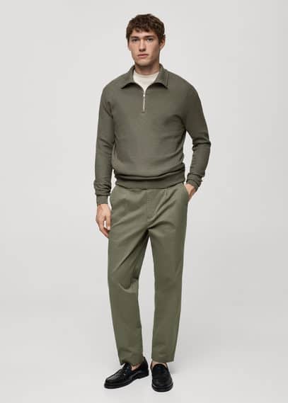 Mango Man Microstructure Sweater With Zipper Collar Olive Green In Olive Green
