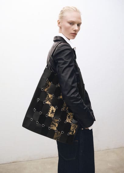 Mango Combined-patchwork Leather Shopper Bag Black In Black