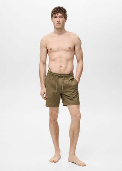 Shop Mango Man Basic Drawstring Swimsuit Khaki In Kaki