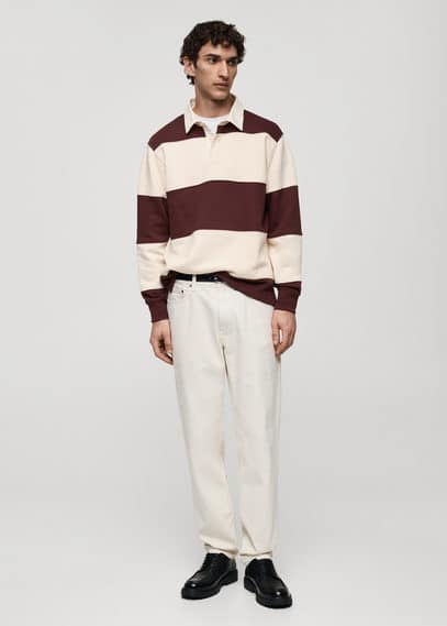 Mango Man Striped Cotton Polo Sweatshirt Burgundy In Burgundy
