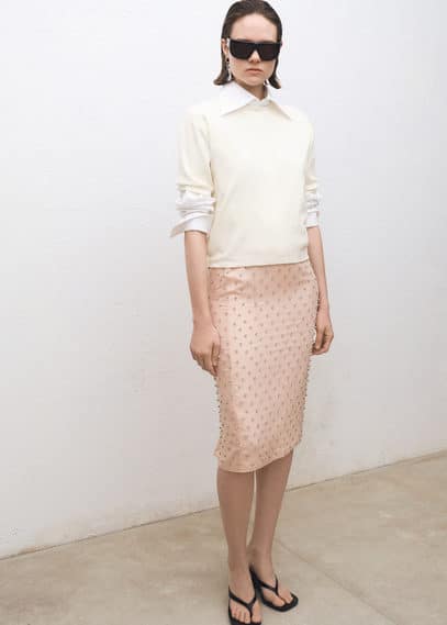 Mango Short Sleeve Wool Blend Jersey Ecru In Ecru