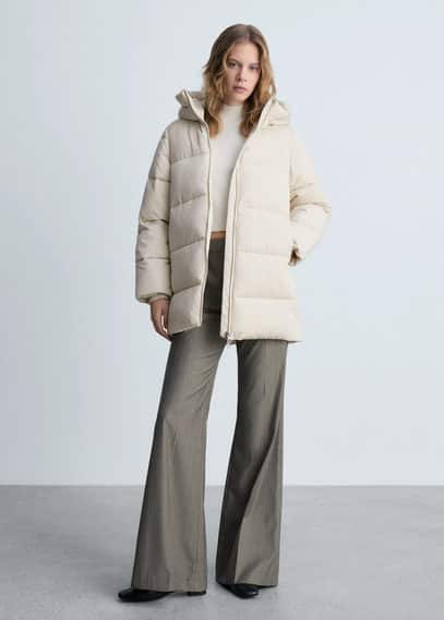 Mango Hood Quilted Coat Ecru In Écru