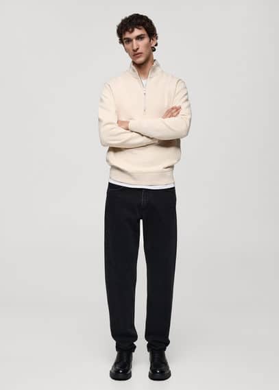Mango Man Perkins-neck Sweater With Zip Ecru In Écru
