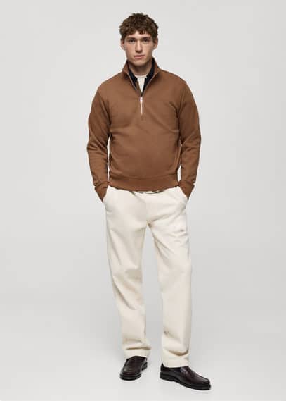 Mango Man Cotton Sweatshirt With Zipper Neck Medium Brown In Medium Brown